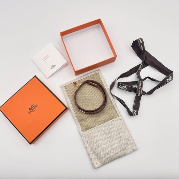 Hermes Mini Kelly Double Tour Brown Calfskin Leather Rose Gold Plated Bracelet - Picture 5 of 11